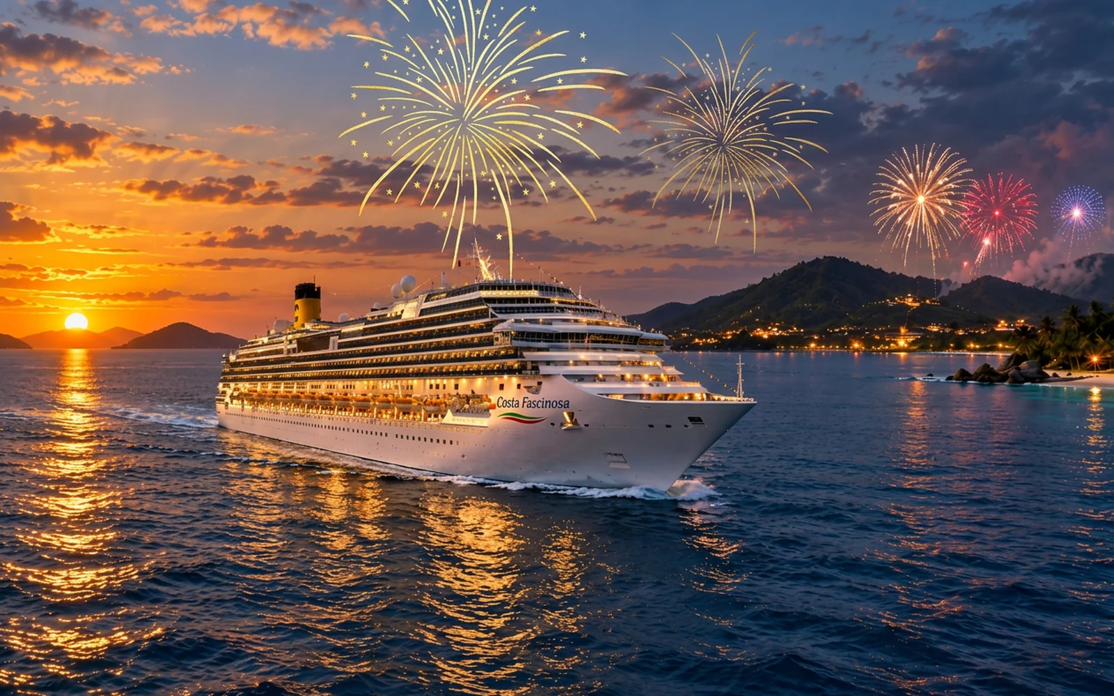 Crucero Costa Fascinosa navegando al atardecer con fuegos artificiales de Año Nuevo frente a una costa tropical del Caribe