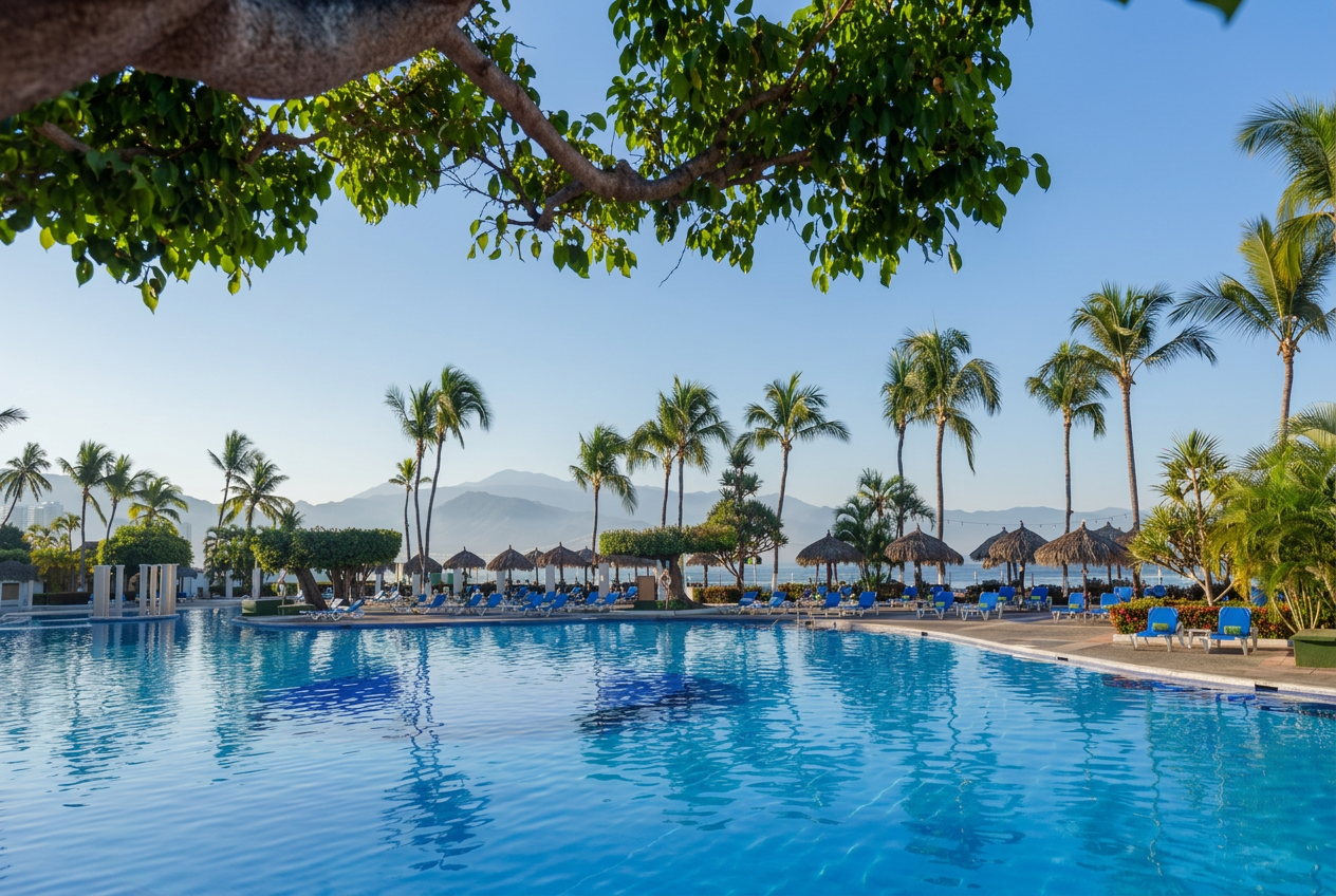 Alberca del hotel Meliá Puerto Vallarta frente a la playa, rodeada de palmeras y vistas a la Bahía de Banderas