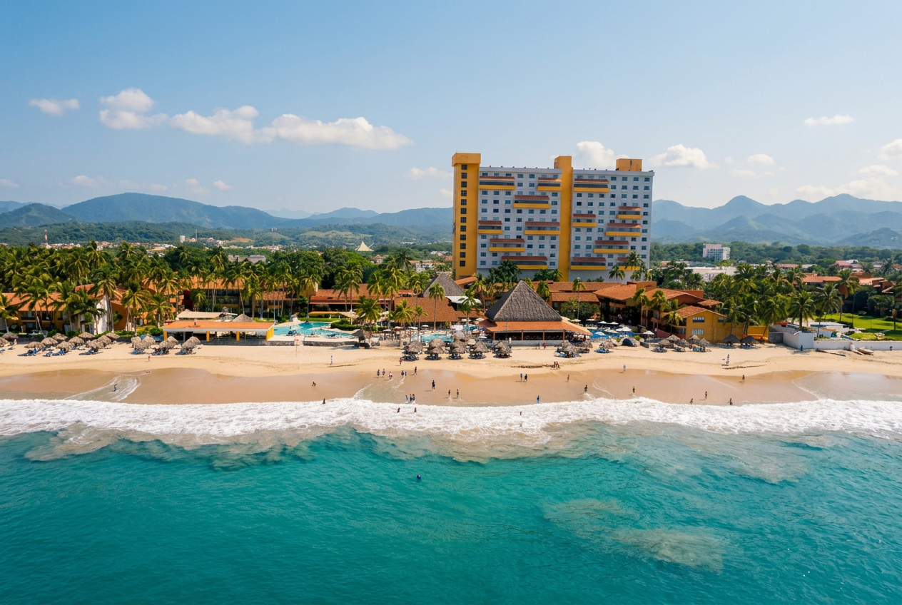 Vista aérea del Holiday Inn Resort Ixtapa frente a la playa, con el océano Pacífico y las montañas de Guerrero