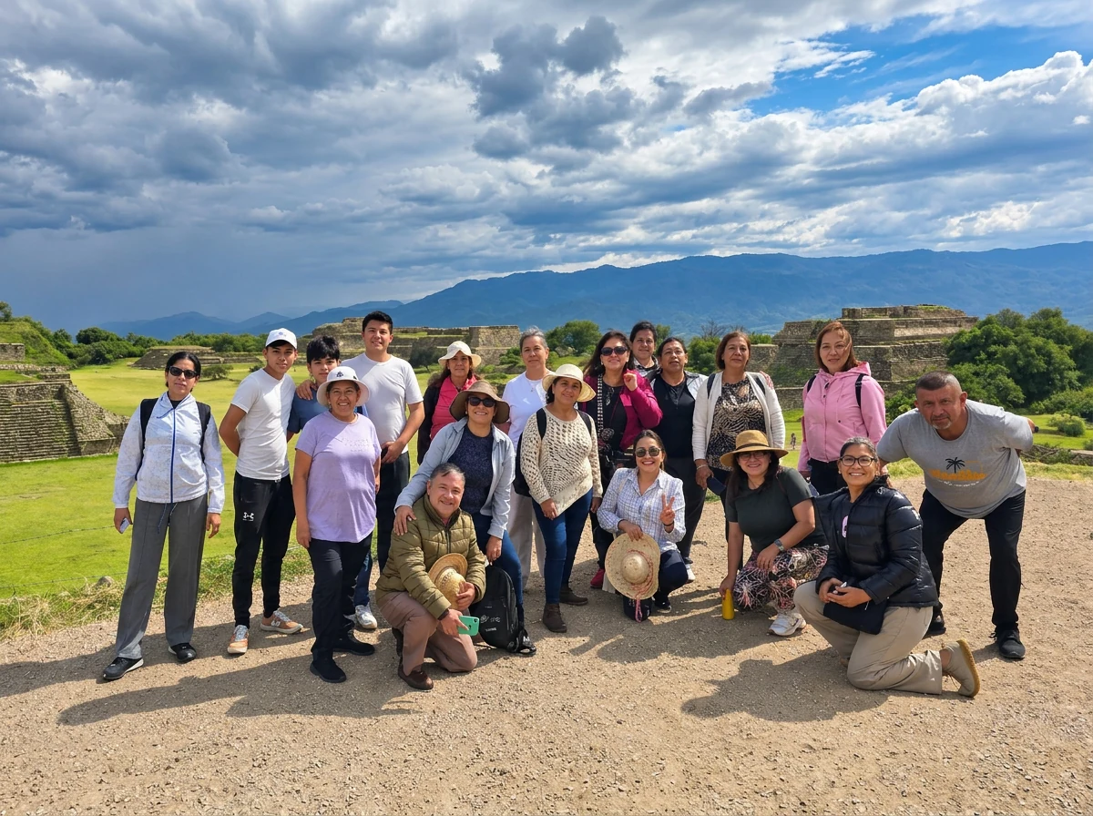 Grupo de viajeros de Shanarani en la zona arqueológica de Monte Albán, Oaxaca