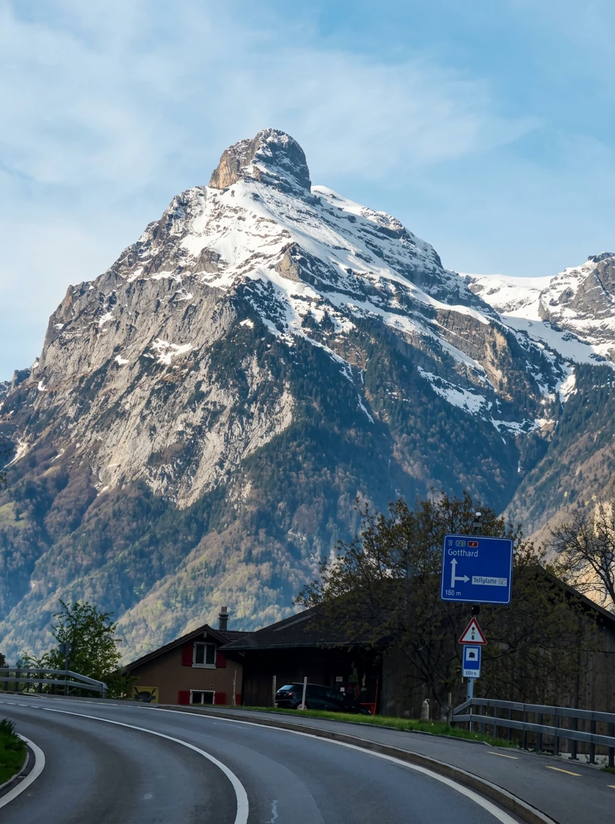 Carretera panorámica hacia el paso de San Gotardo entre montañas nevadas de los Alpes suizos