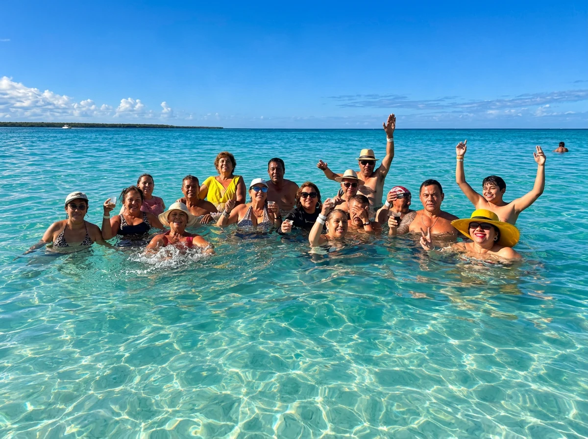 Grupo de viajeros de Shanarani disfrutando el mar turquesa del Caribe mexicano durante sus vacaciones