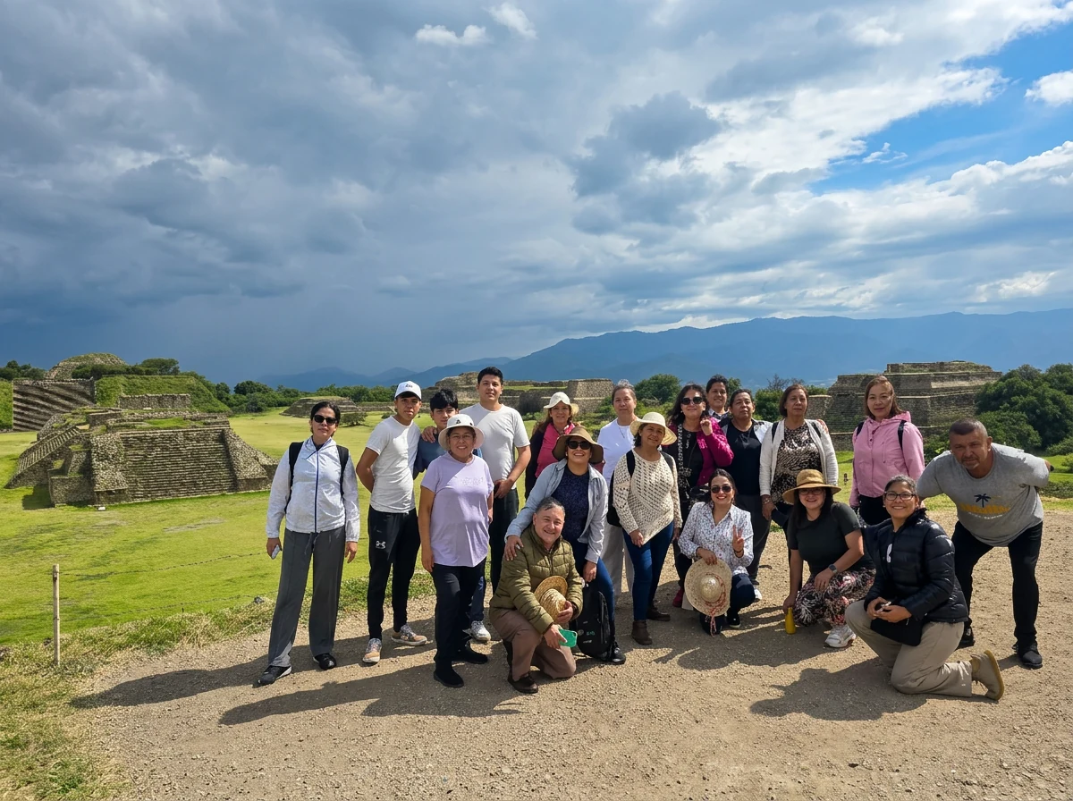 Grupo de viajeros de Shanarani en la zona arqueológica de Monte Albán, Oaxaca, con las ruinas zapotecas y montañas al fondo
