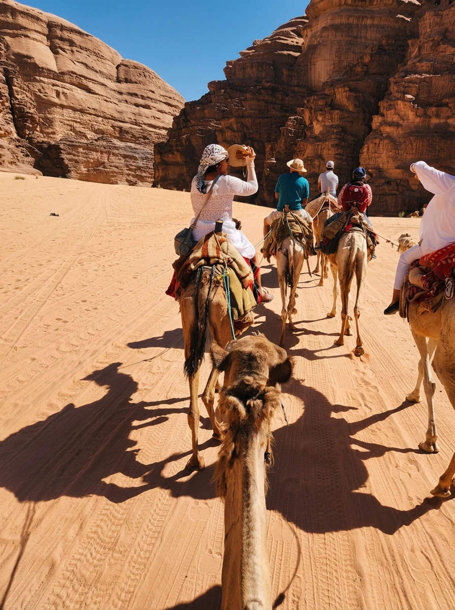 Viajeros de Shanarani en recorrido en camello por un cañón del desierto
