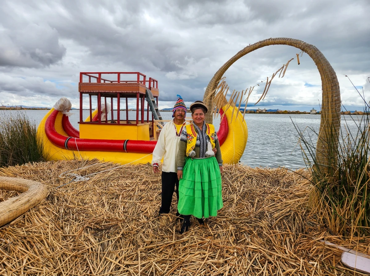 Viajeros con vestimenta tradicional junto a una embarcación de totora en las islas de los Uros del lago Titicaca, Perú