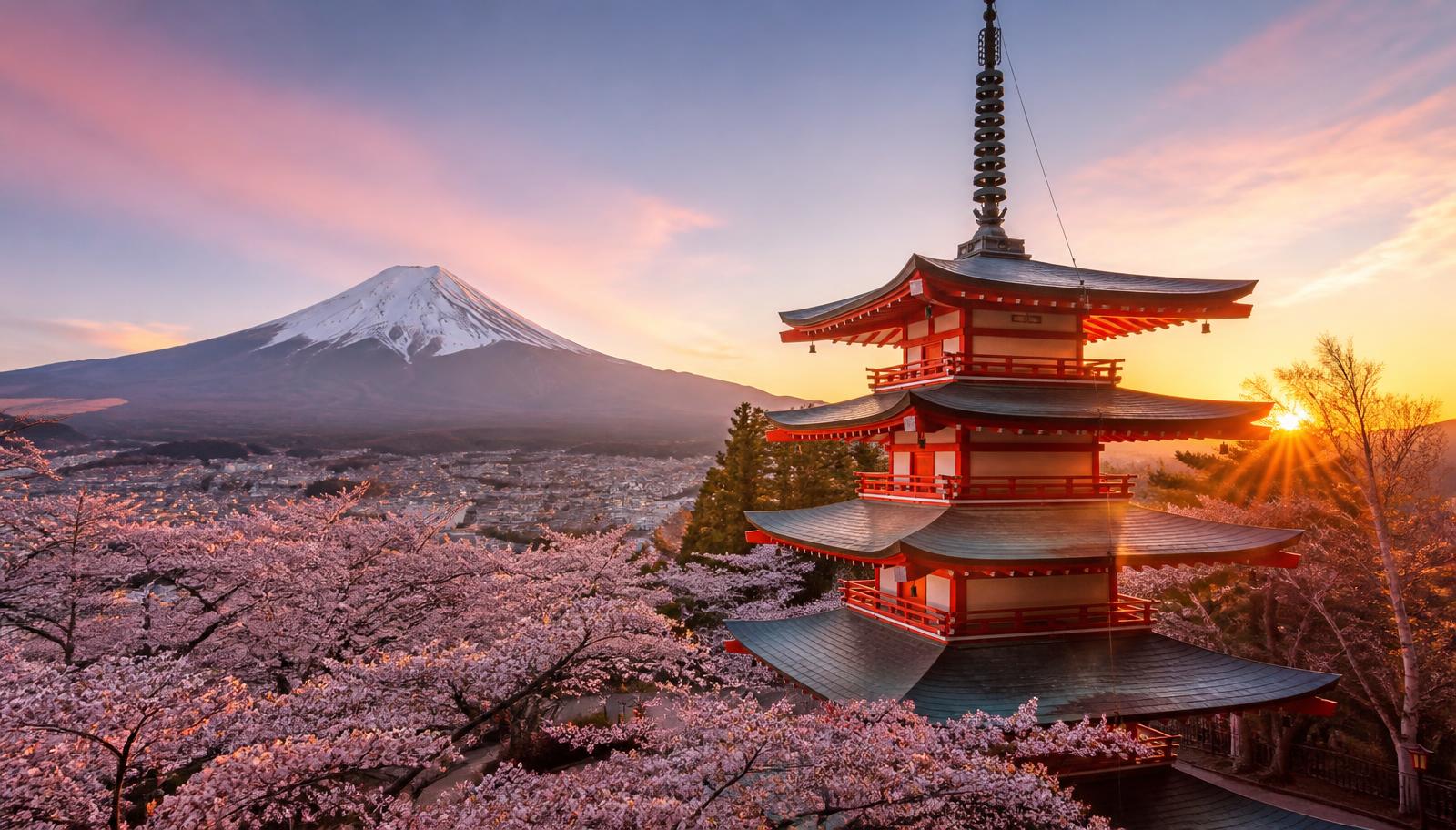 Pagoda japonesa entre cerezos en flor con el Monte Fuji al fondo